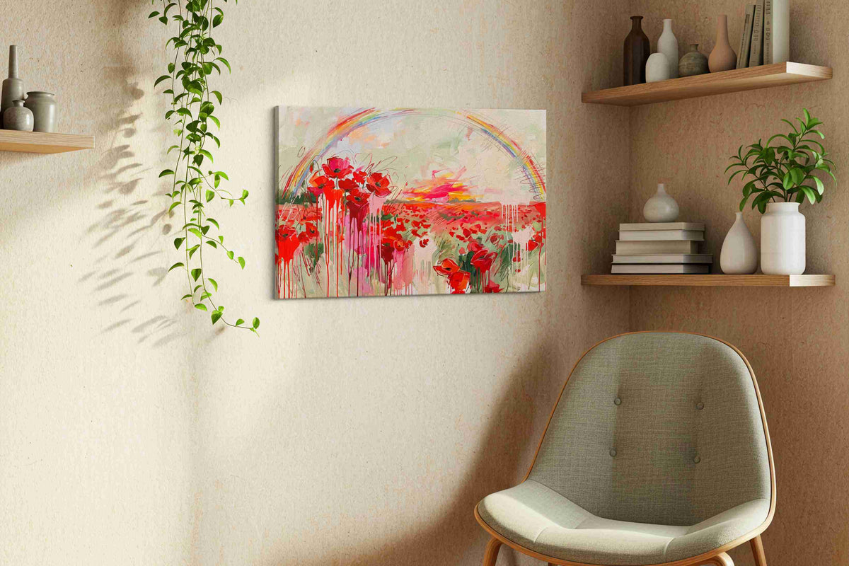 Crimson Bloom After the Storm poppy canvas wall art shown hanging in a sleek modern interior