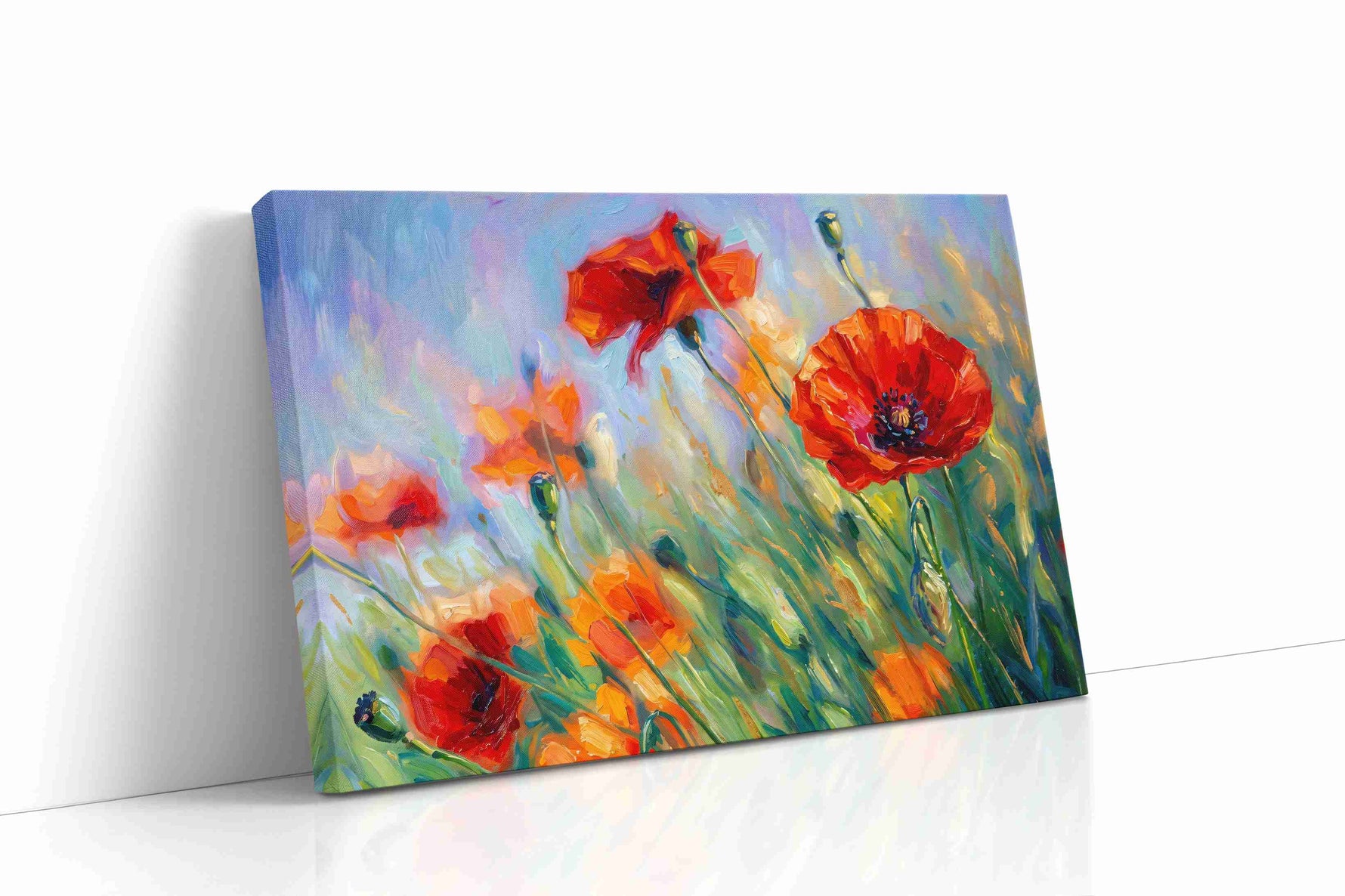 Crimson Poppies in Blue Haze poppy canvas wall art displayed above a sofa in a modern living room