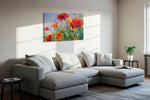 Crimson Poppies in Blue Haze poppy canvas wall art styled in a living room