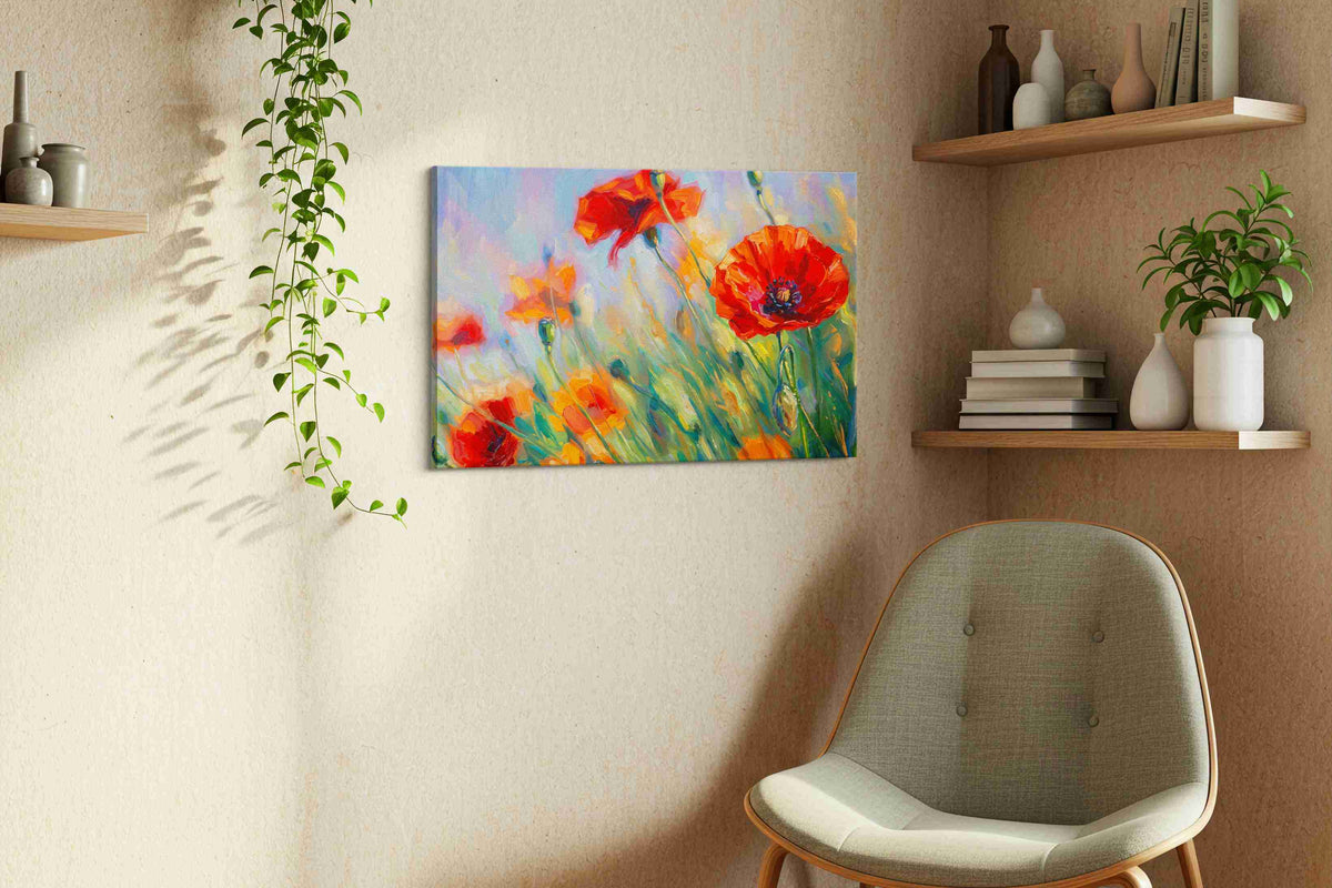 Crimson Poppies in Blue Haze poppy canvas wall art shown hanging in a sleek modern interior