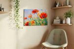 Crimson Poppies in Blue Haze poppy canvas wall art shown hanging in a sleek modern interior