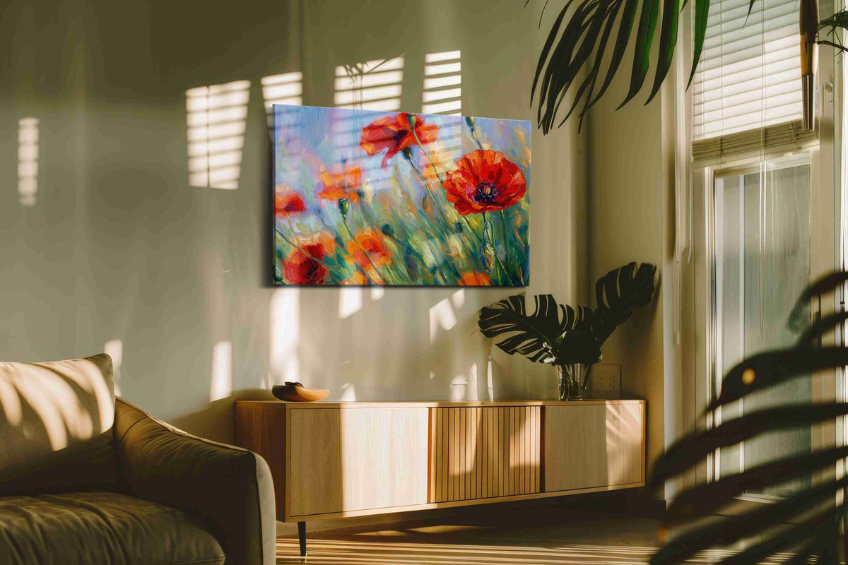 Crimson Poppies in Blue Haze poppy canvas wall art displayed above a bed in a contemporary bedroom