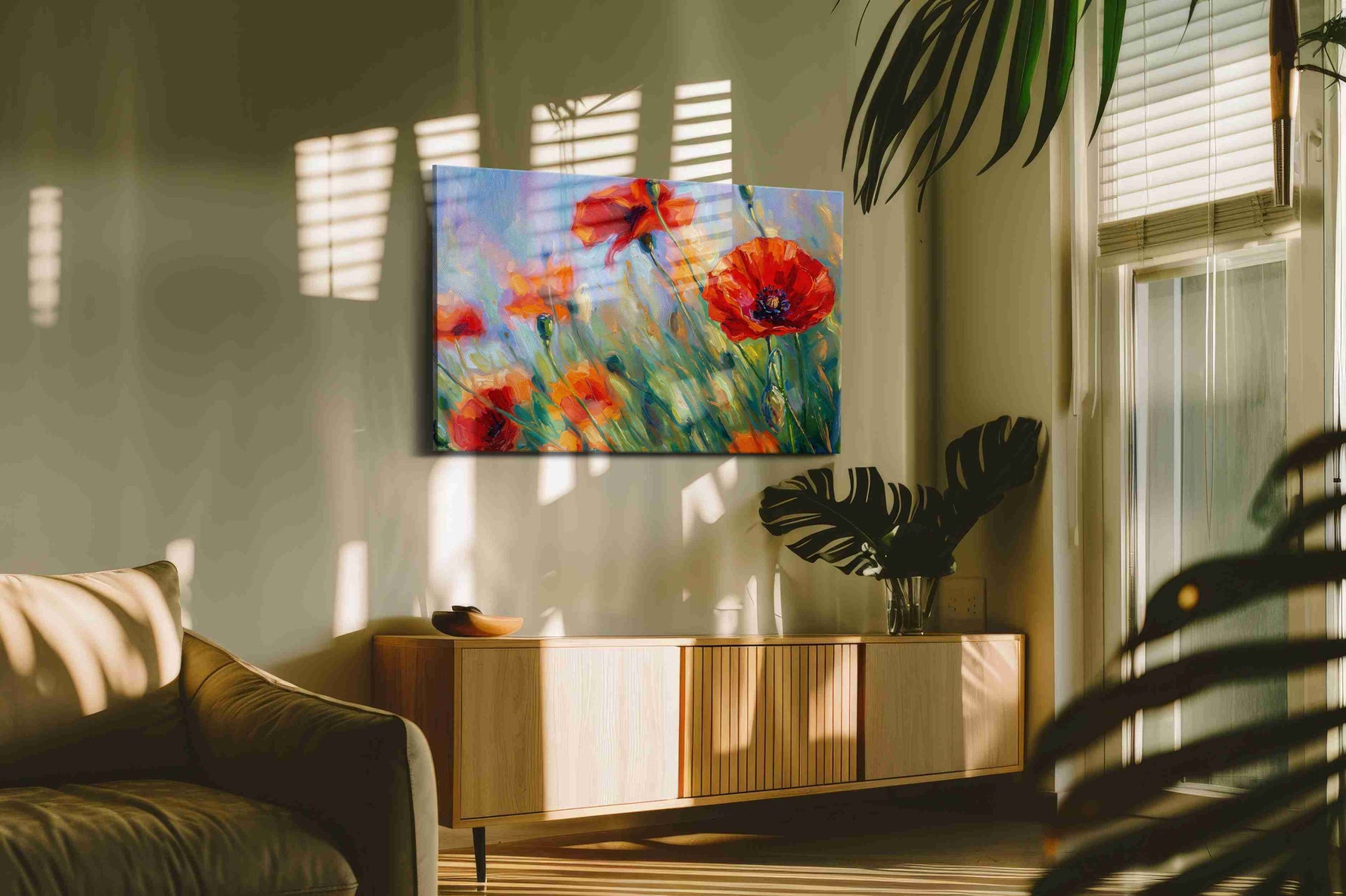 Crimson Poppies in Blue Haze poppy canvas wall art displayed above a bed in a contemporary bedroom