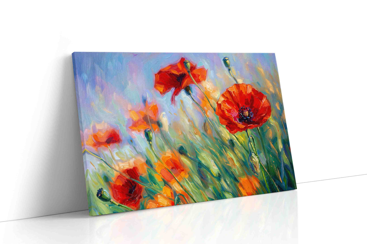 Crimson Poppies in Blue Haze poppy canvas wall art gallery-wrapped landscape canvas studio shot
