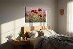 Ember Bloom Serenade poppy canvas wall art displayed above a bed in a styled bedroom scene