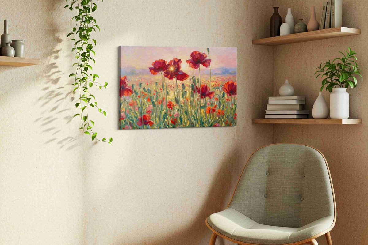 Ember Bloom Serenade poppy canvas wall art displayed above a bed in a contemporary bedroom