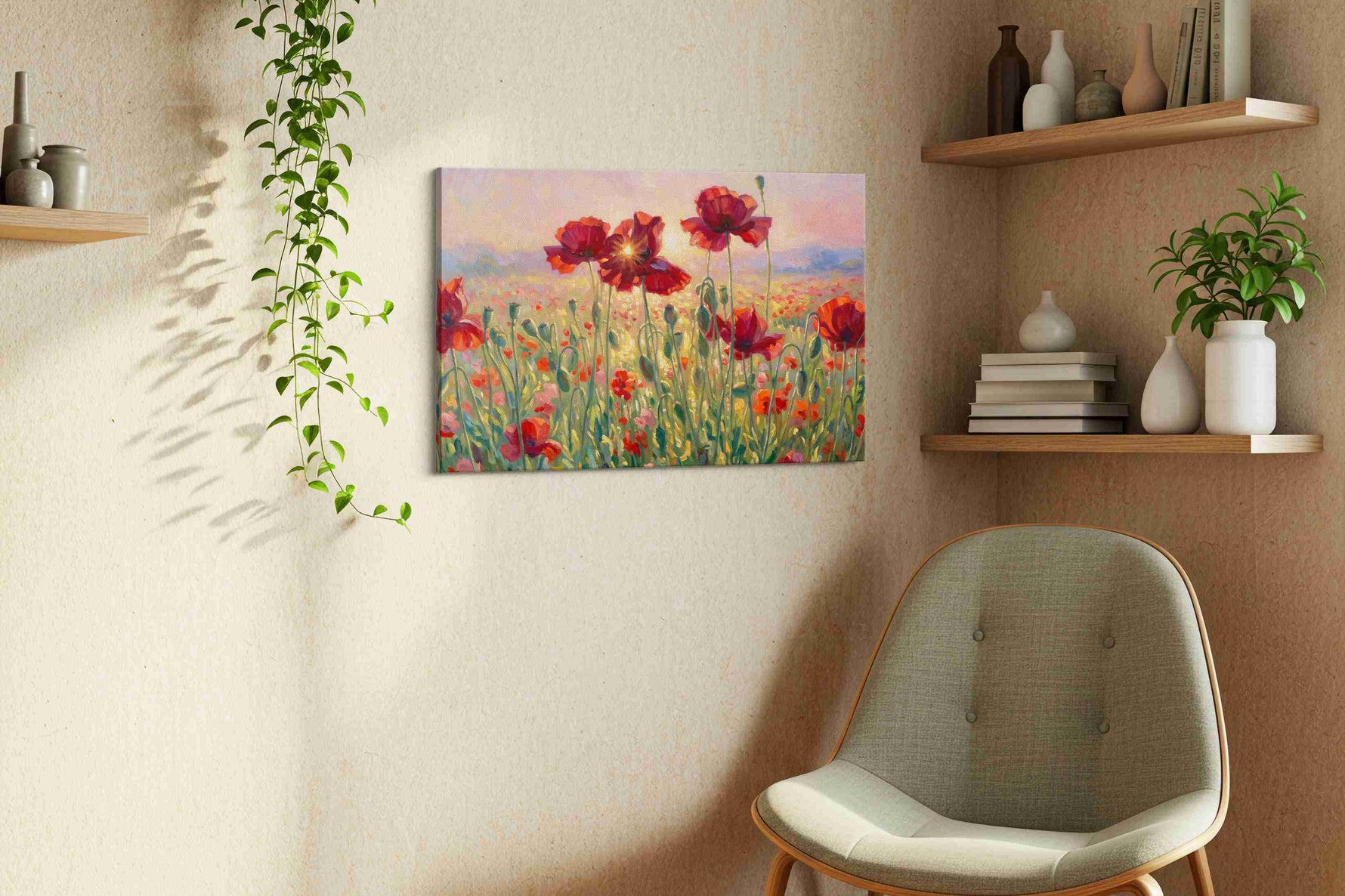 Ember Bloom Serenade poppy canvas wall art displayed above a bed in a contemporary bedroom