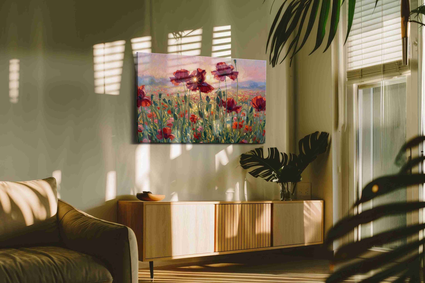 Ember Bloom Serenade poppy canvas wall art in a contemporary interior mockup
