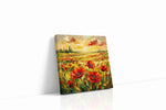 Ember Meadow Rhapsody poppy canvas wall art displayed above a sofa in a modern living room