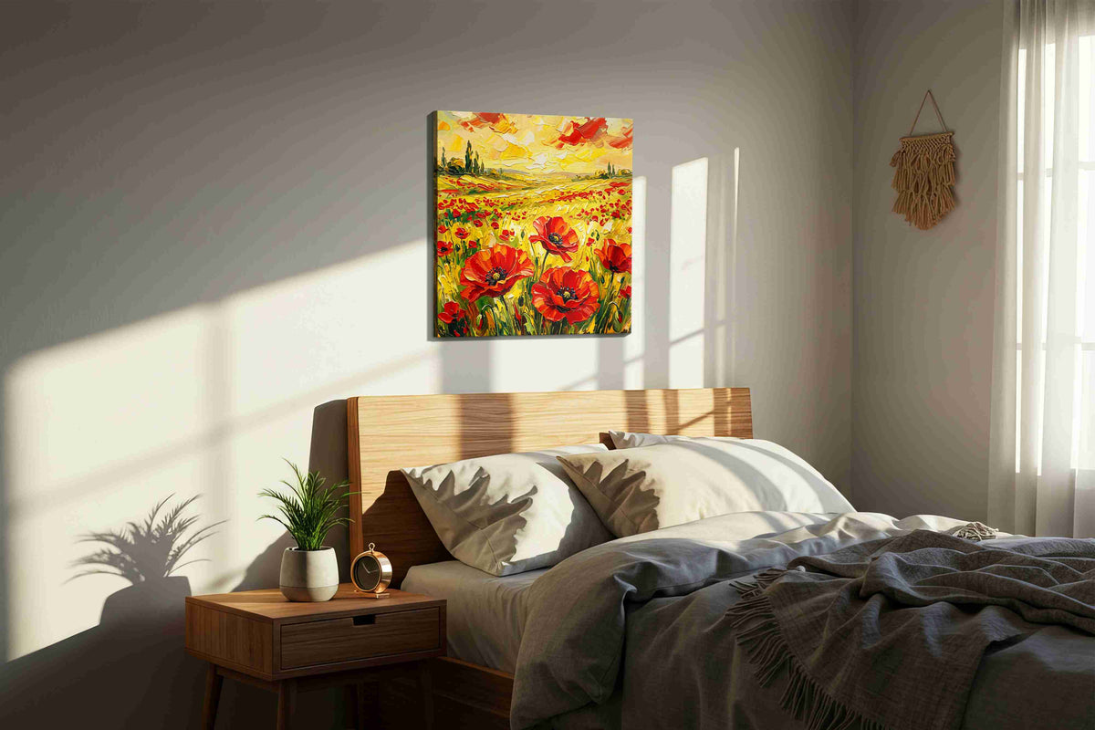 Ember Meadow Rhapsody poppy canvas wall art displayed above a bed in a styled bedroom scene
