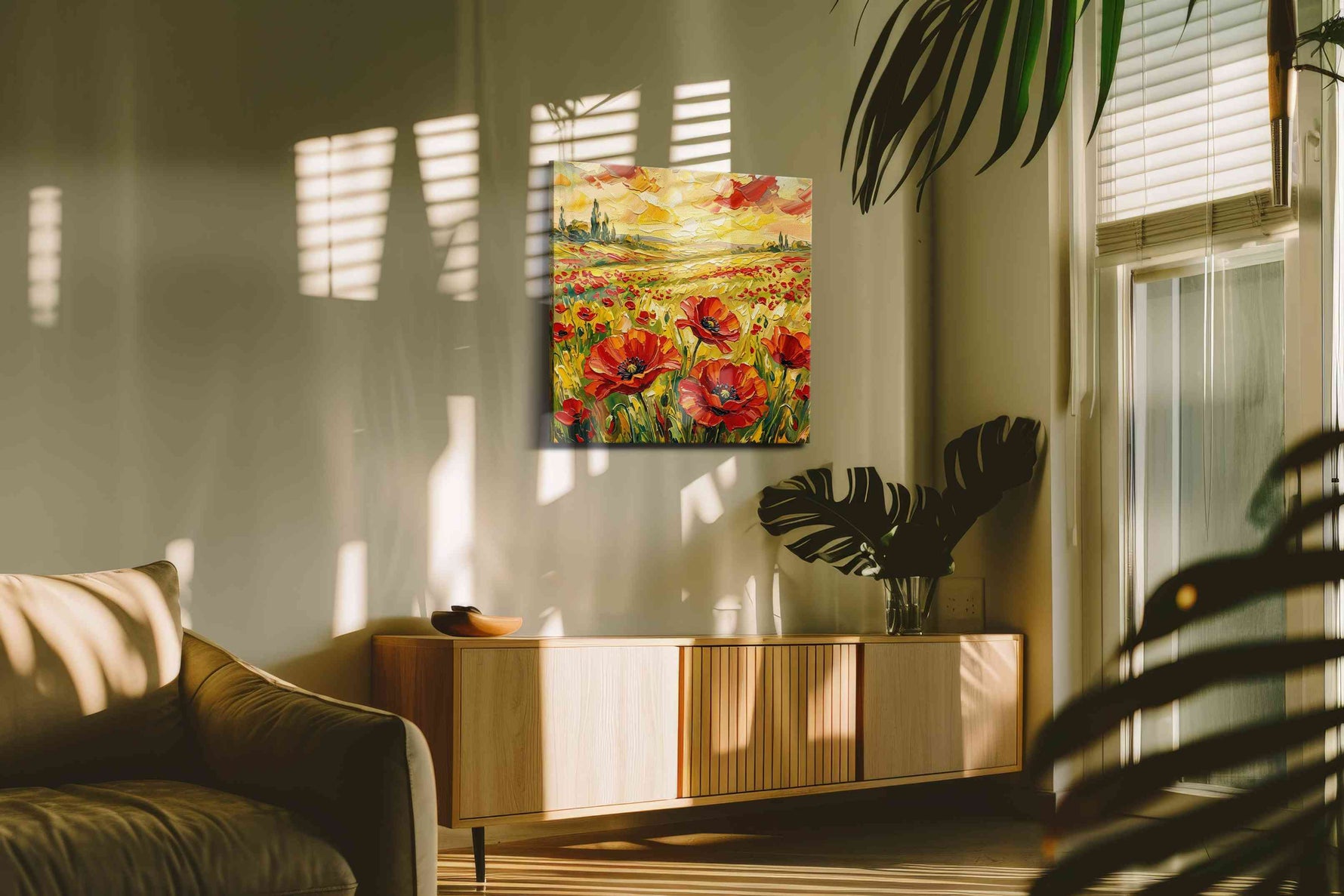 Ember Meadow Rhapsody poppy canvas wall art in a contemporary interior mockup
