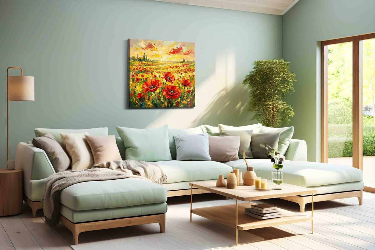Ember Meadow Rhapsody poppy canvas wall art shown hanging in a styled interior