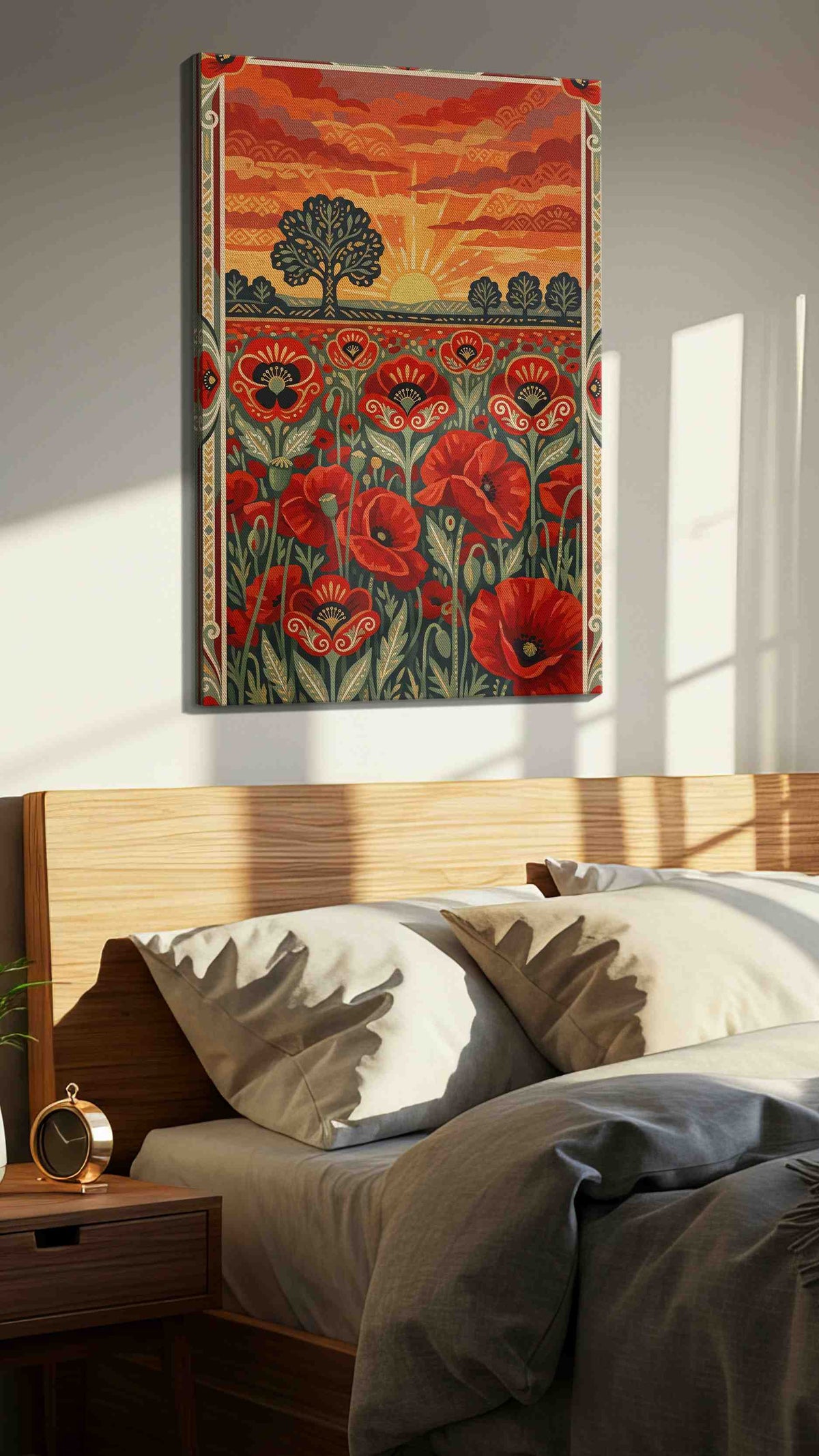 Ember Poppy Sunrise poppy canvas wall art displayed above a bed in a styled bedroom scene