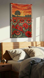 Ember Poppy Sunrise poppy canvas wall art displayed above a bed in a styled bedroom scene