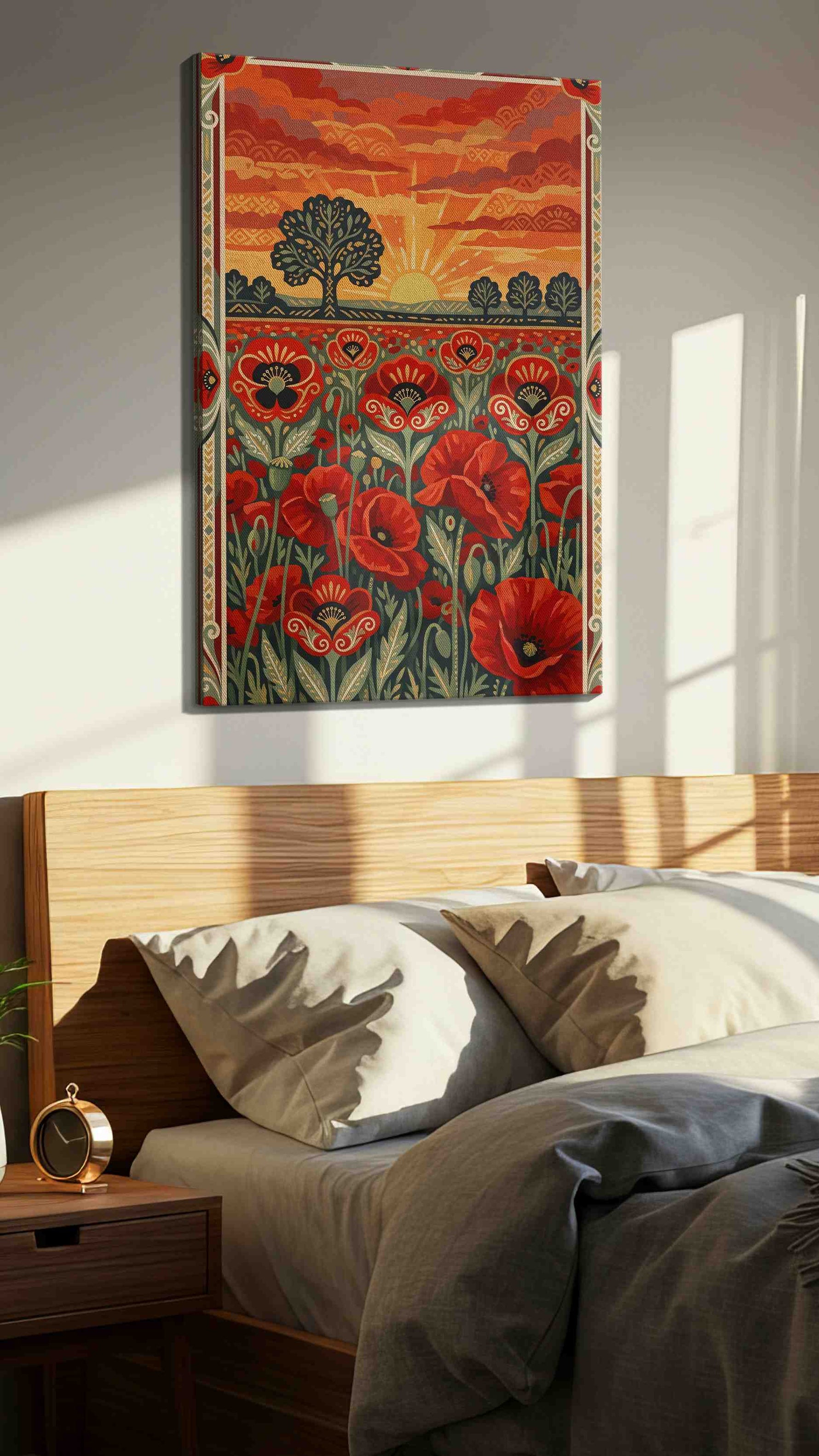 Ember Poppy Sunrise poppy canvas wall art displayed above a bed in a styled bedroom scene