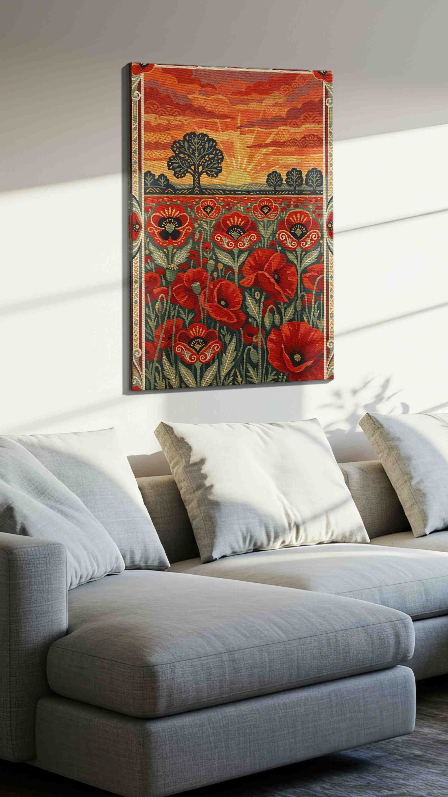 Ember Poppy Sunrise poppy canvas wall art displayed above a sofa in a styled living room scene