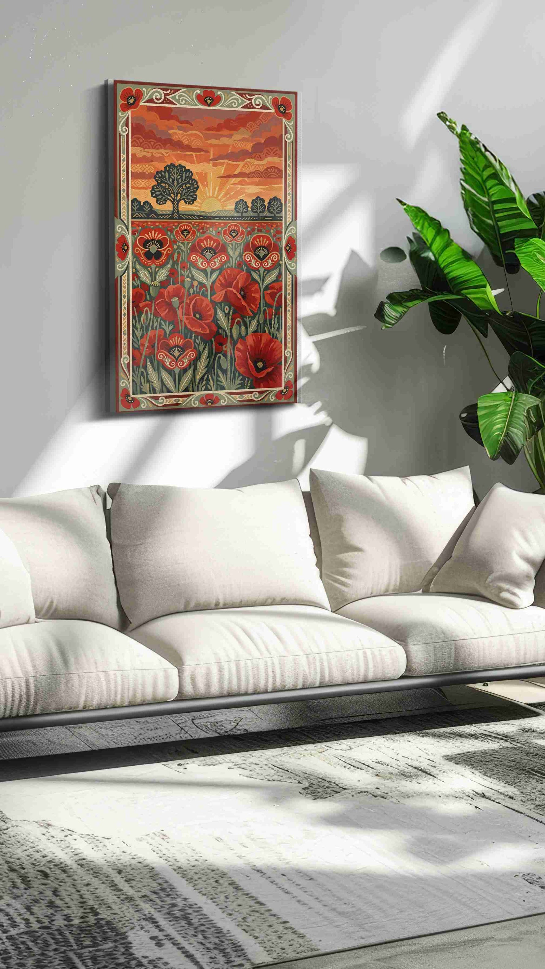 Ember Poppy Sunrise poppy canvas wall art in a modern interior mockup