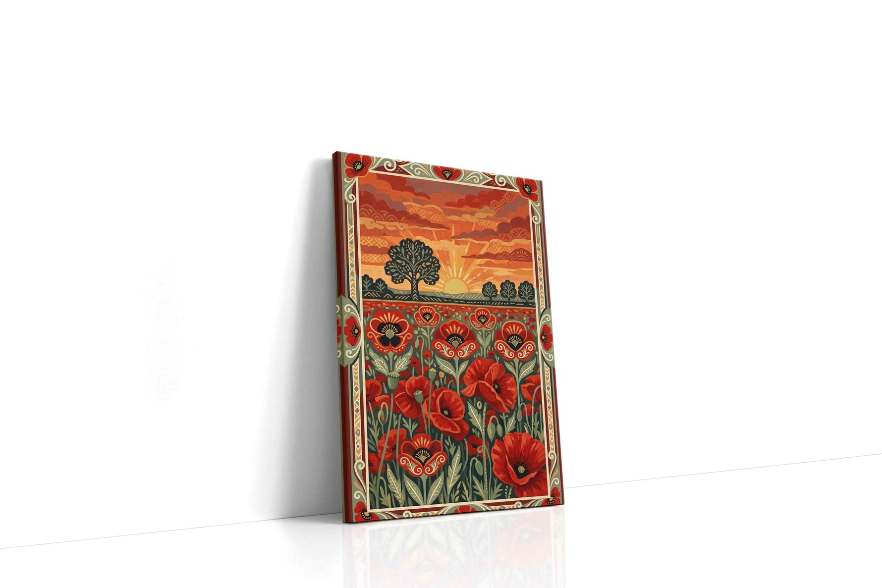 Ember Poppy Sunrise poppy canvas wall art displayed above a sofa in a modern living room