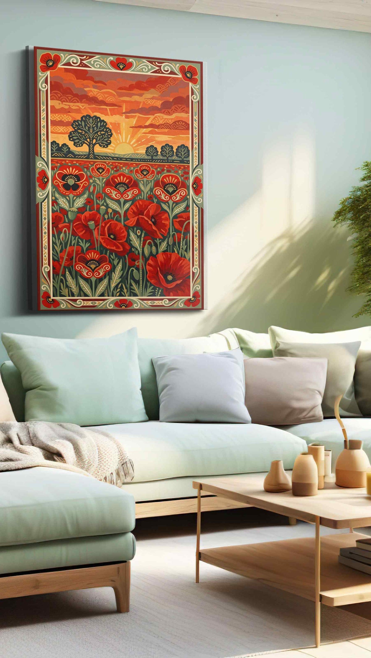 Ember Poppy Sunrise poppy canvas wall art shown hanging in a styled interior