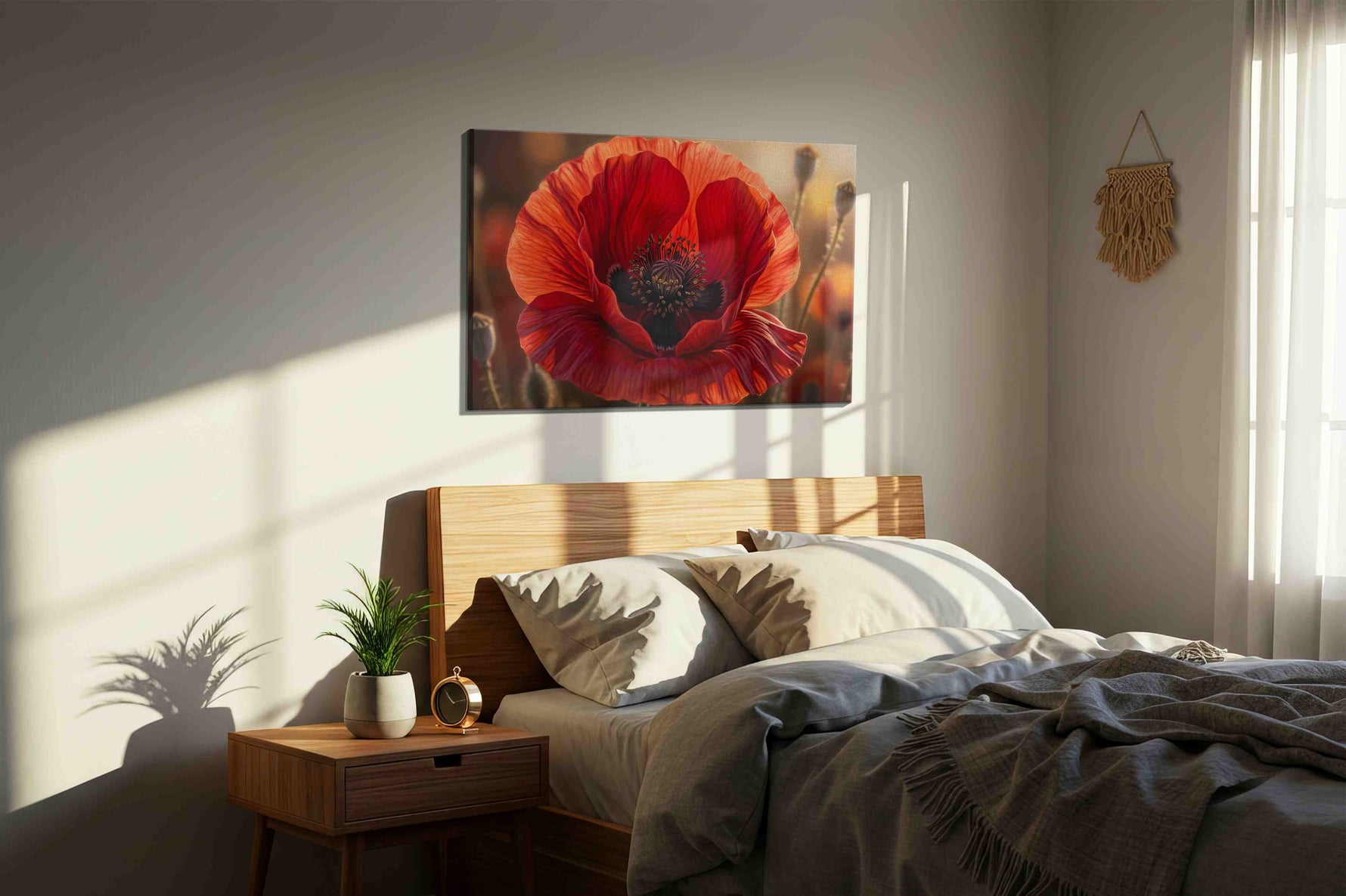 Ember Veil Poppy poppy canvas wall art displayed above a bed in a styled bedroom scene