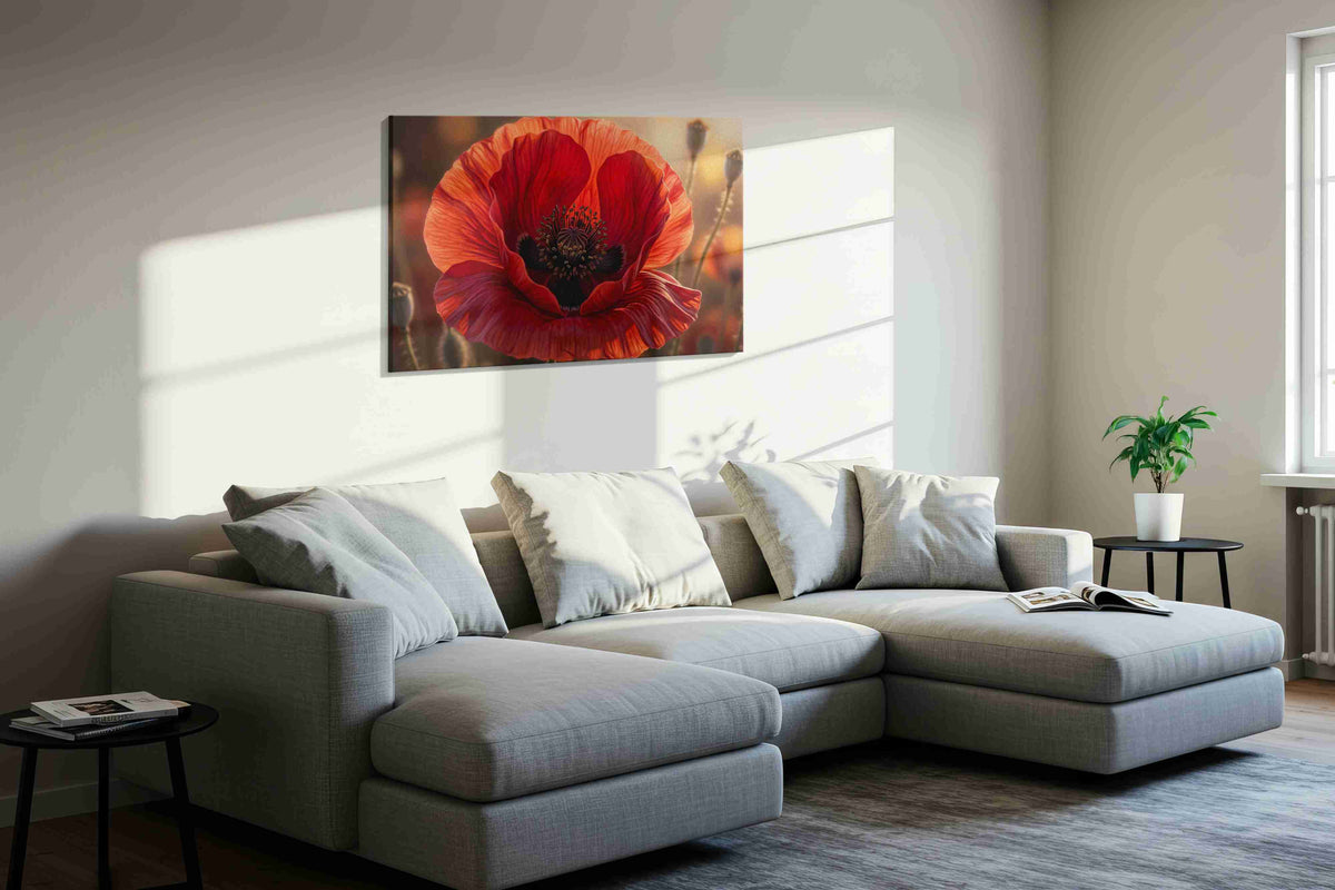 Ember Veil Poppy poppy canvas wall art displayed above a bed in a contemporary bedroom