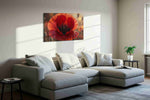 Ember Veil Poppy poppy canvas wall art displayed above a bed in a contemporary bedroom