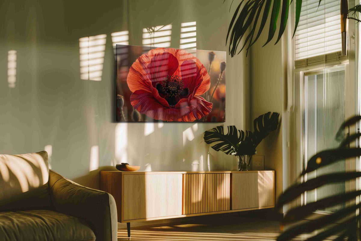 Ember Veil Poppy poppy canvas wall art in a contemporary interior mockup