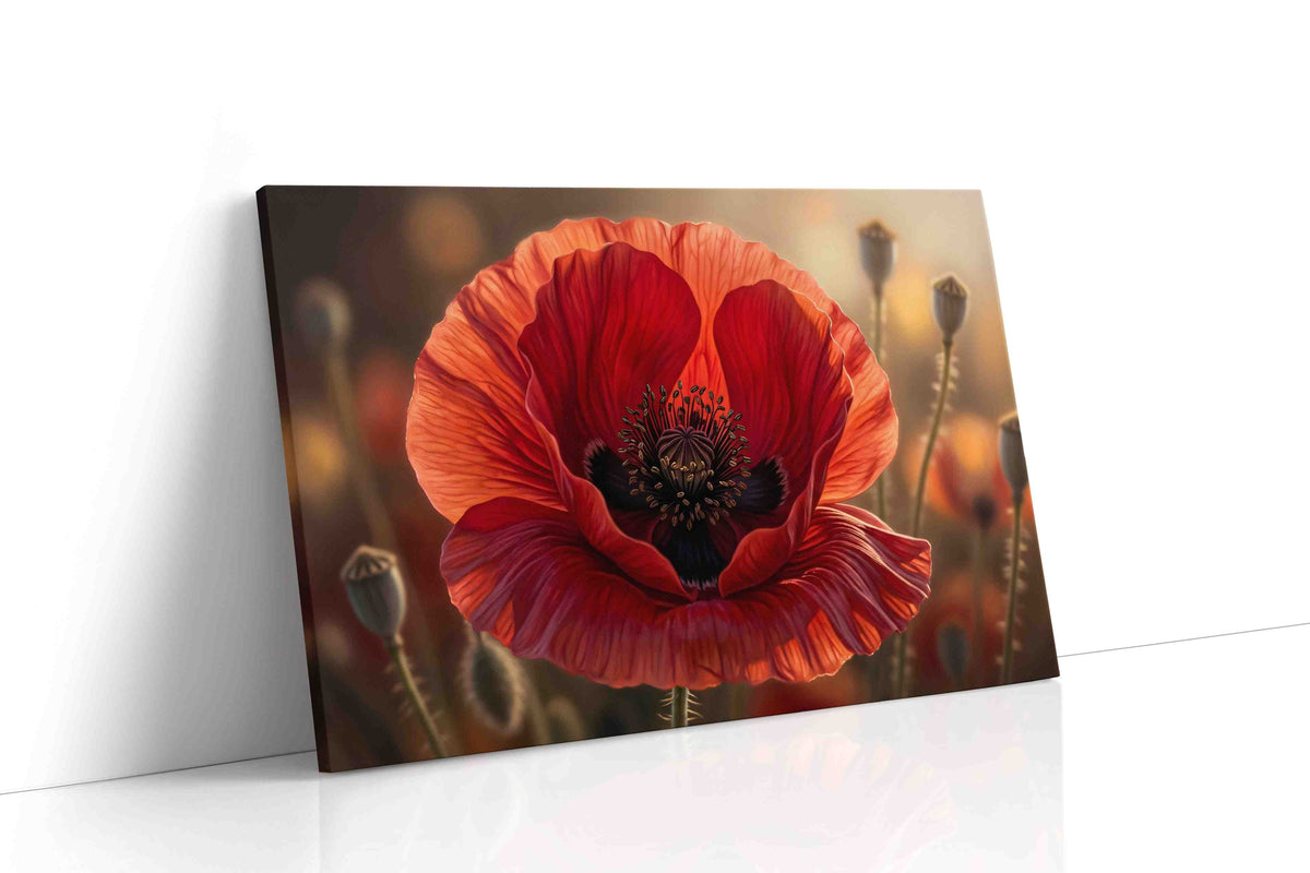 Ember Veil Poppy poppy canvas wall art displayed above a sofa in a modern living room