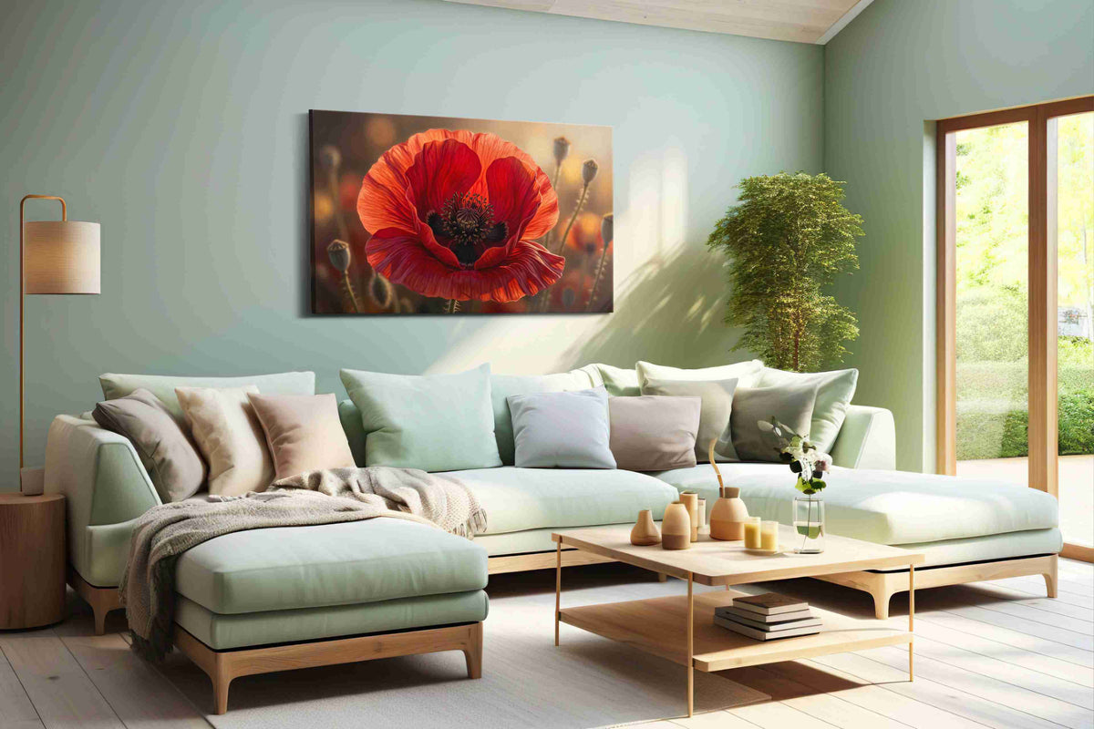 Ember Veil Poppy poppy canvas wall art shown hanging in a styled interior