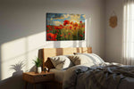 Emberfield at First Light poppy canvas wall art displayed above a bed in a styled bedroom scene