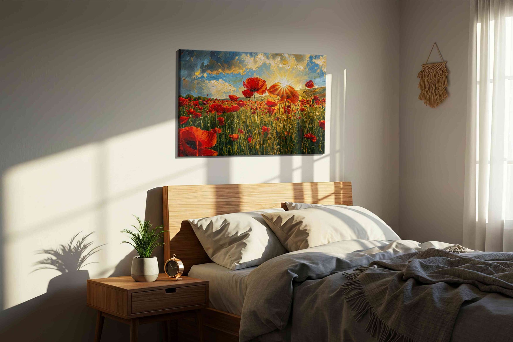 Emberfield at First Light poppy canvas wall art displayed above a bed in a styled bedroom scene