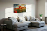 Emberfield at First Light poppy canvas wall art displayed above a sofa in a styled living room scene
