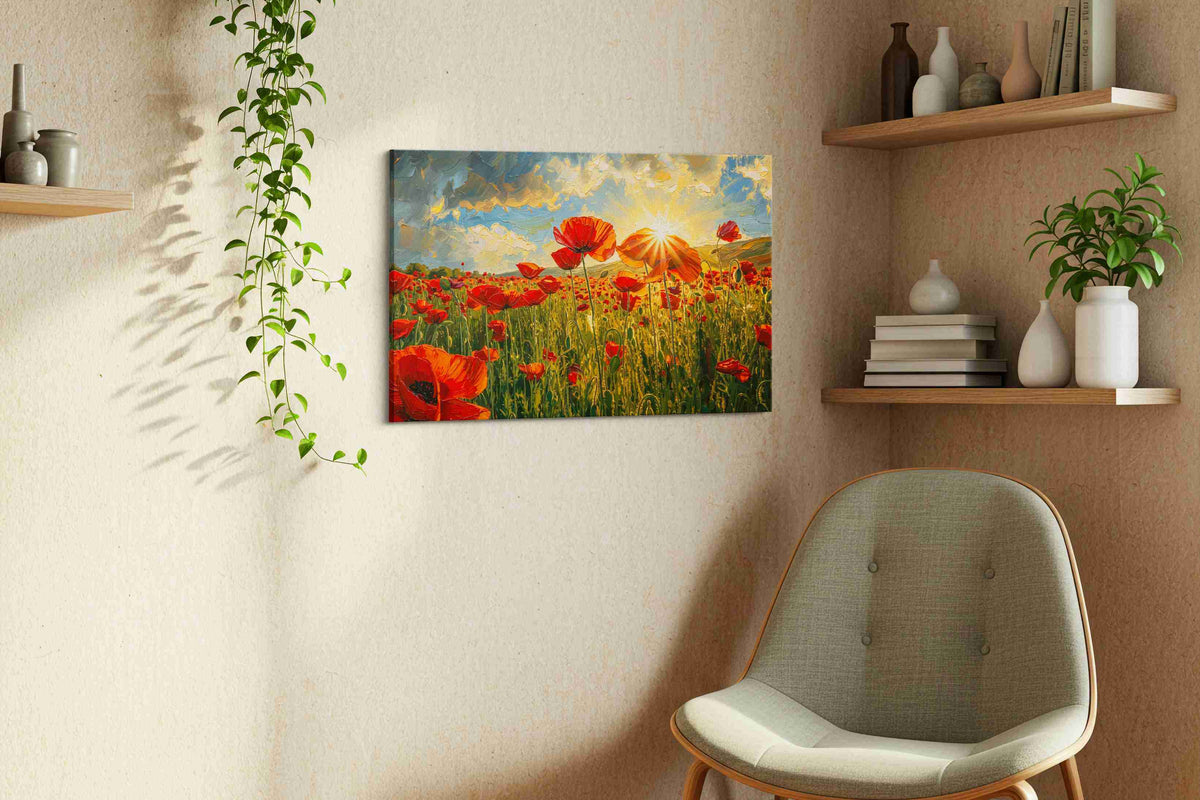 Emberfield at First Light poppy canvas wall art styled in a living room