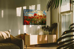Emberfield at First Light poppy canvas wall art displayed above a bed in a contemporary bedroom