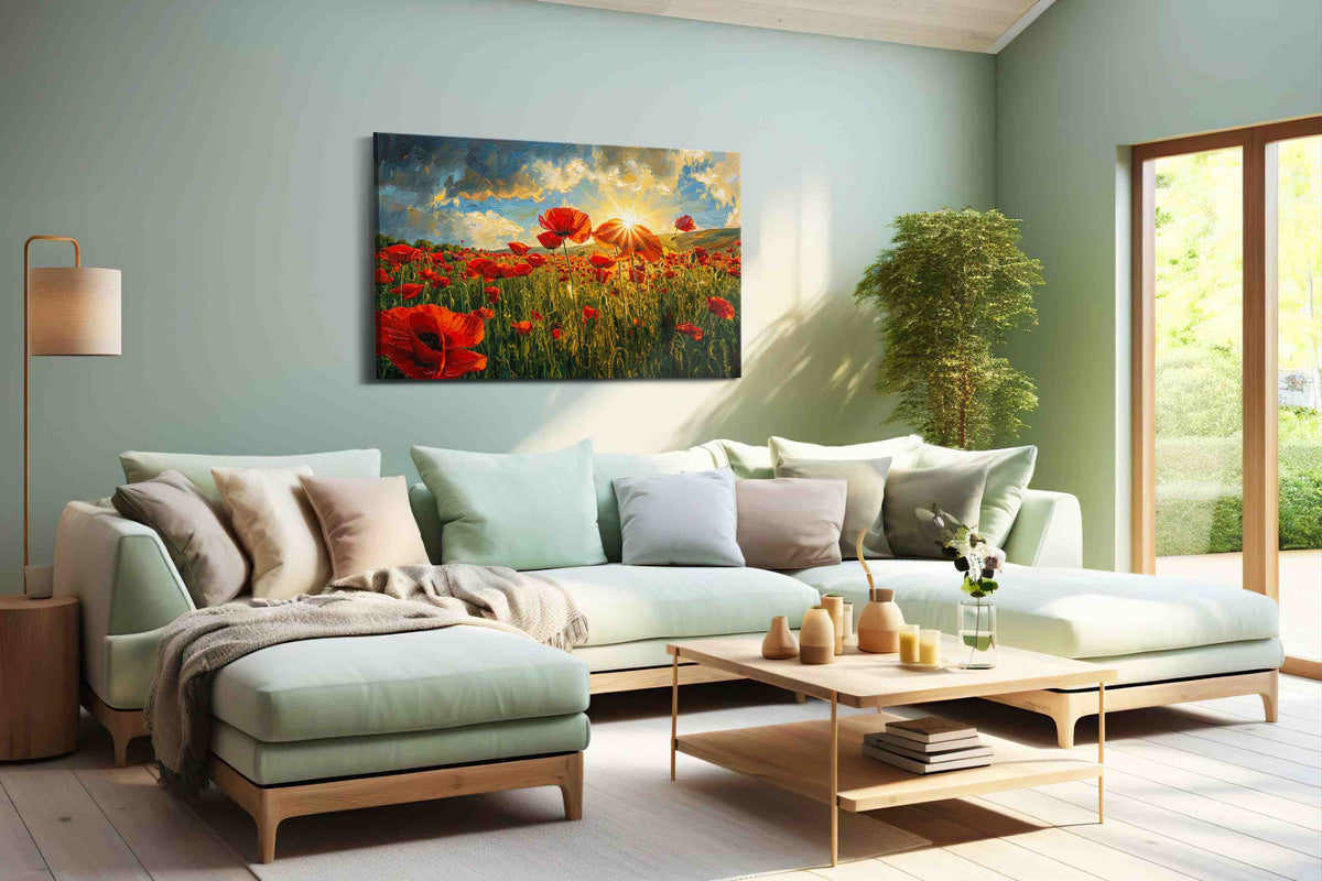 Emberfield at First Light poppy canvas wall art shown hanging in a styled interior