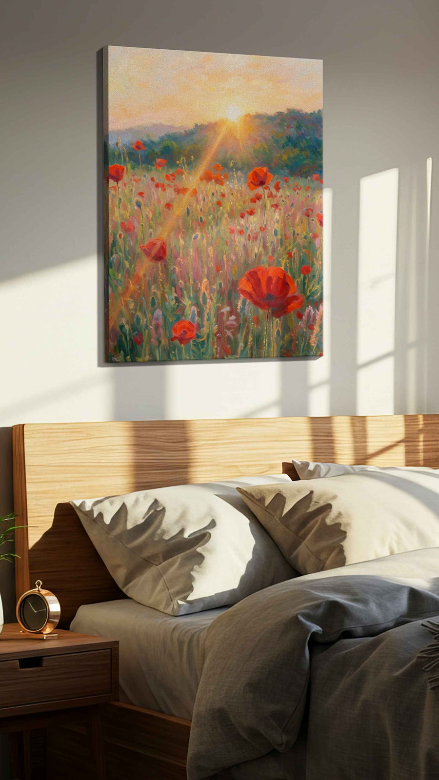 Sunlit Poppy Reverie poppy canvas wall art displayed above a bed in a styled bedroom scene