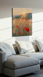 Sunlit Poppy Reverie poppy canvas wall art displayed above a sofa in a styled living room scene
