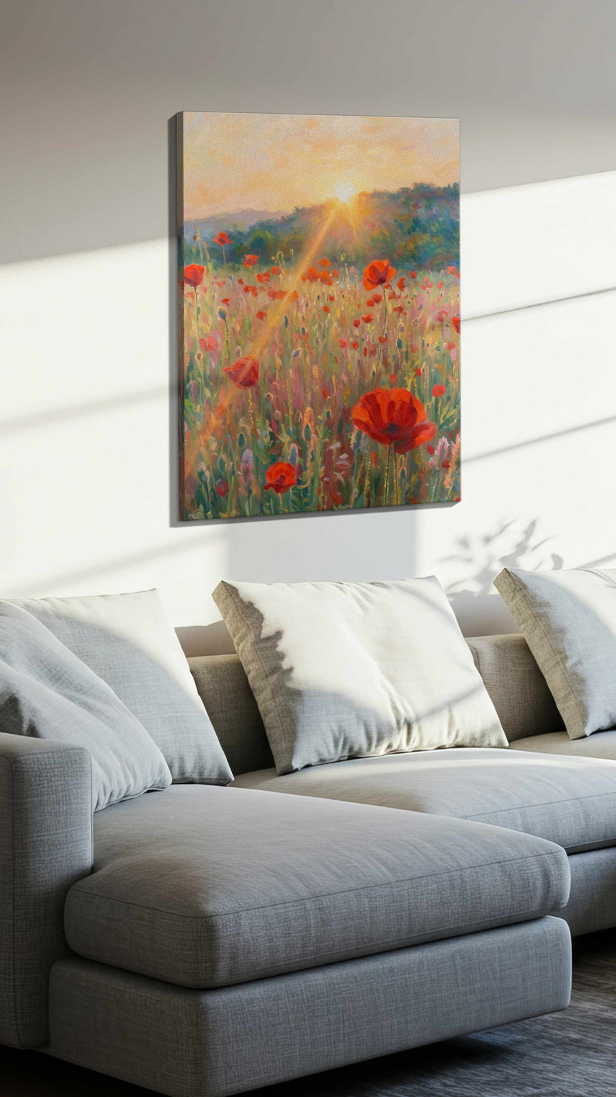 Sunlit Poppy Reverie poppy canvas wall art displayed above a sofa in a styled living room scene