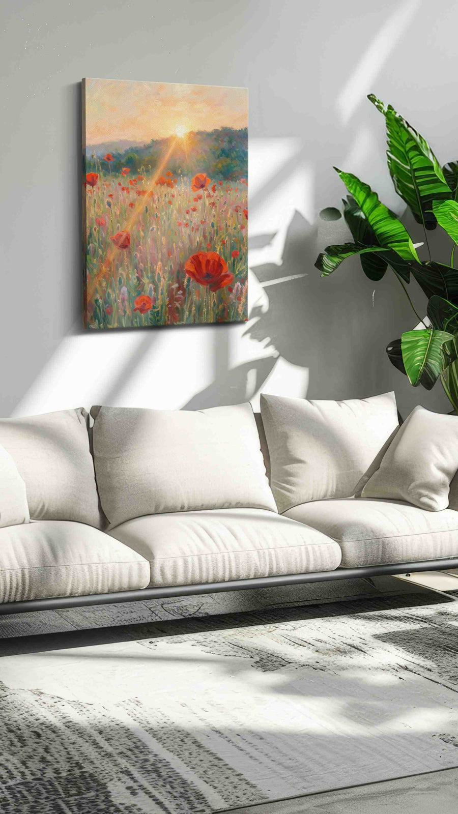 Sunlit Poppy Reverie poppy canvas wall art in a modern interior mockup