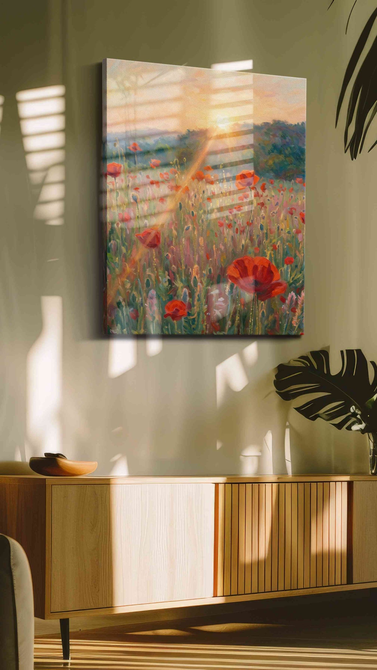 Sunlit Poppy Reverie poppy canvas wall art in a contemporary interior mockup