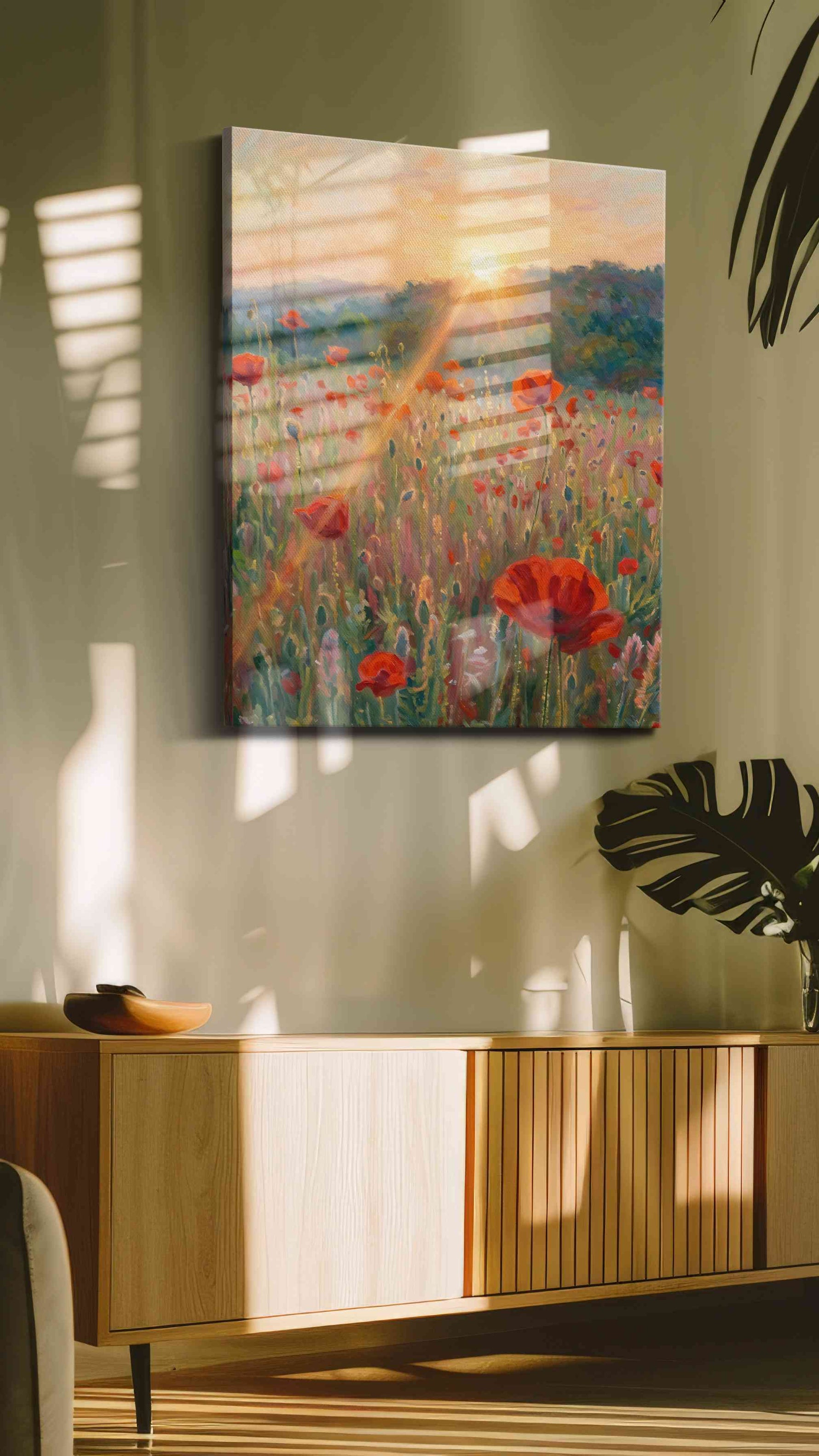 Sunlit Poppy Reverie poppy canvas wall art in a contemporary interior mockup
