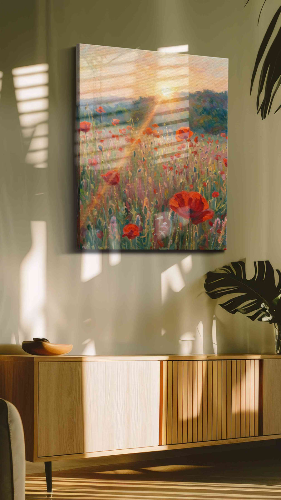 Sunlit Poppy Reverie poppy canvas wall art in a contemporary interior mockup