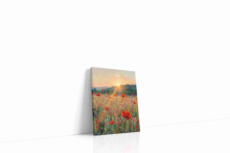 Sunlit Poppy Reverie poppy canvas wall art displayed above a sofa in a modern living room