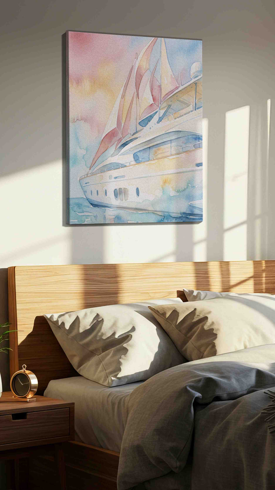Blushwind Regatta nautical canvas wall art displayed above a bed in a styled bedroom scene