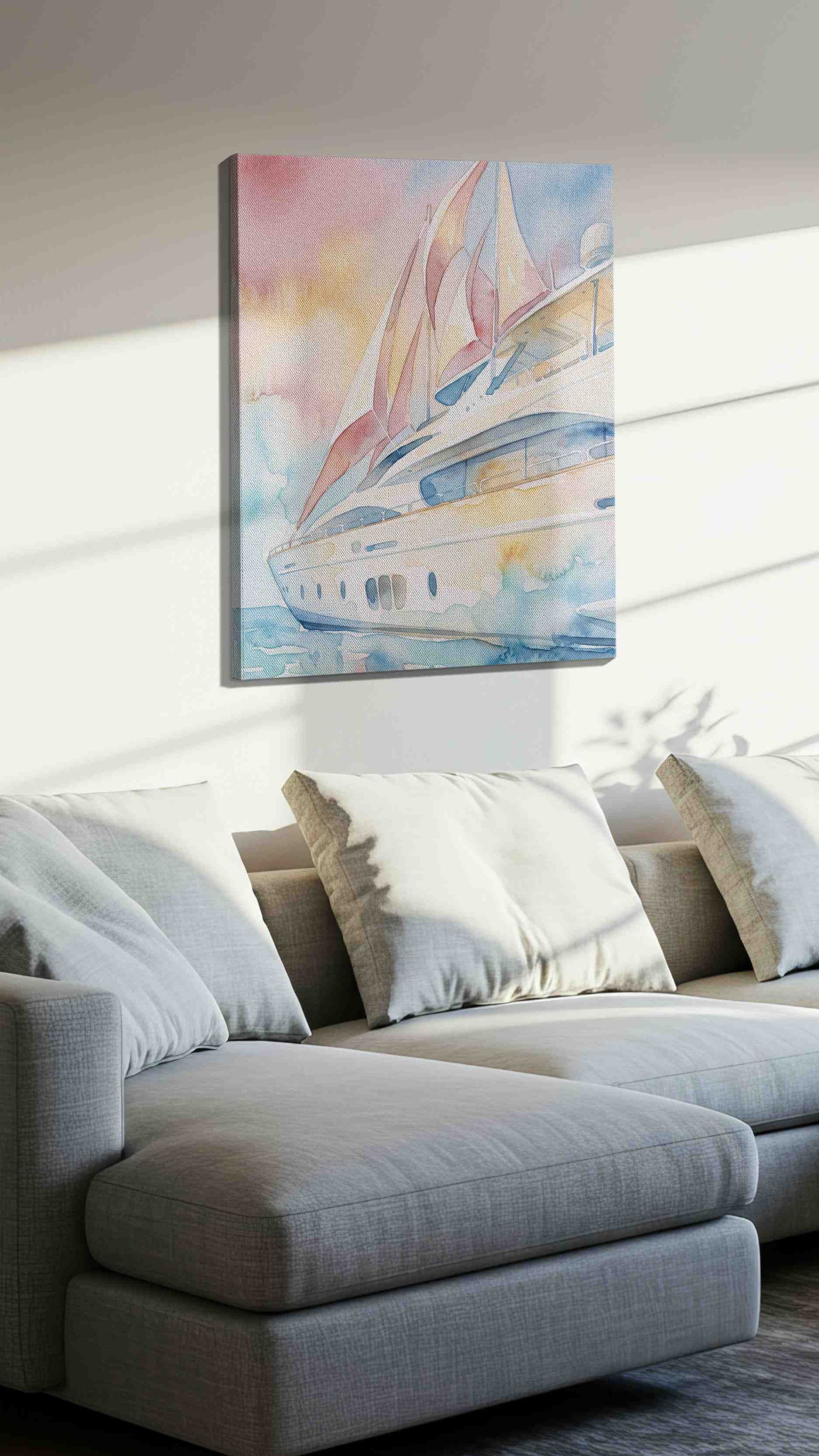 Blushwind Regatta nautical canvas wall art displayed above a sofa in a styled living room scene