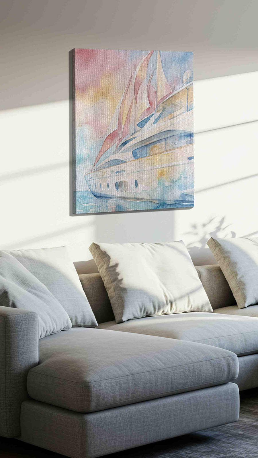 Blushwind Regatta nautical canvas wall art displayed above a sofa in a styled living room scene