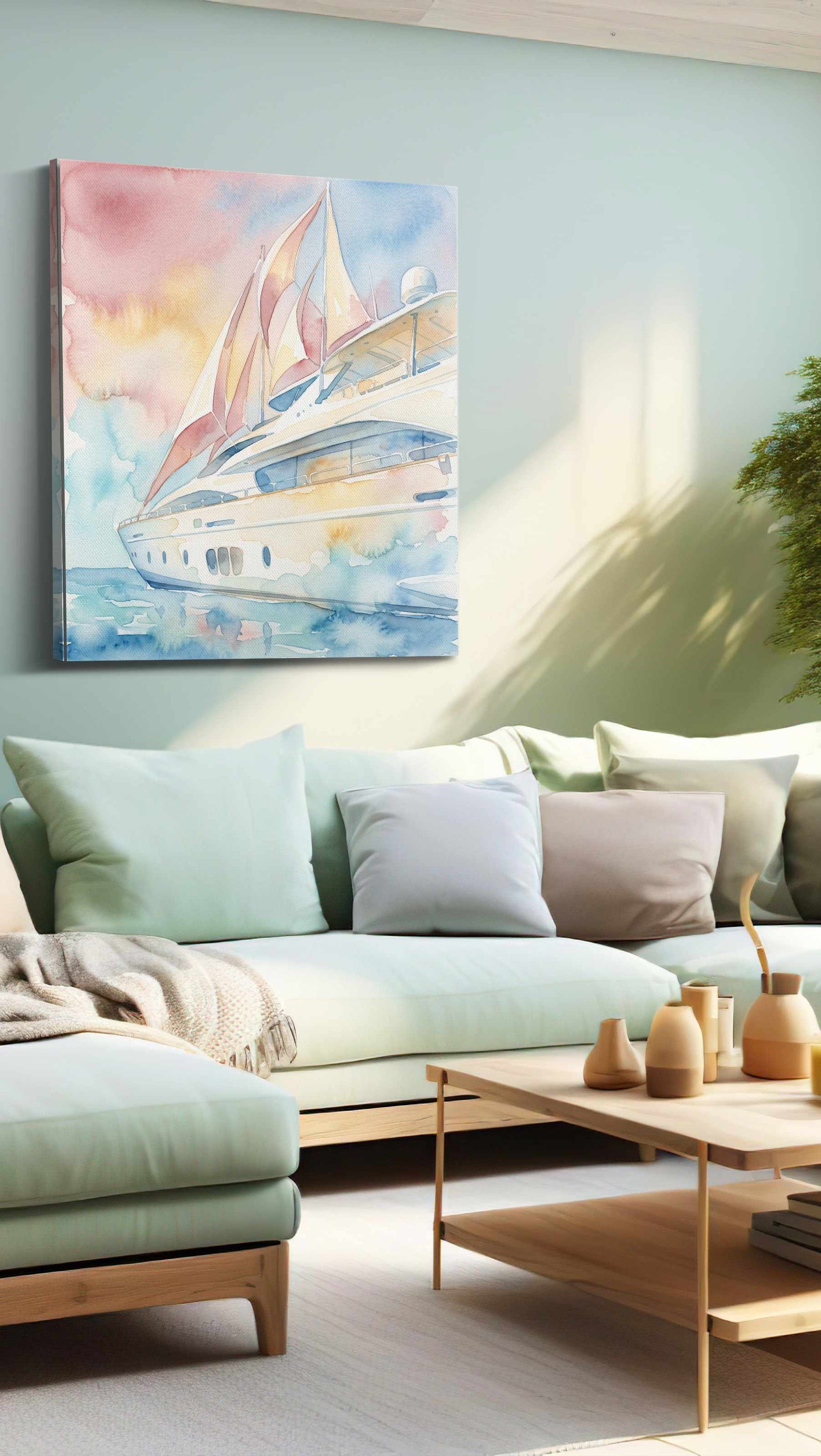 Blushwind Regatta nautical canvas wall art shown hanging in a styled interior