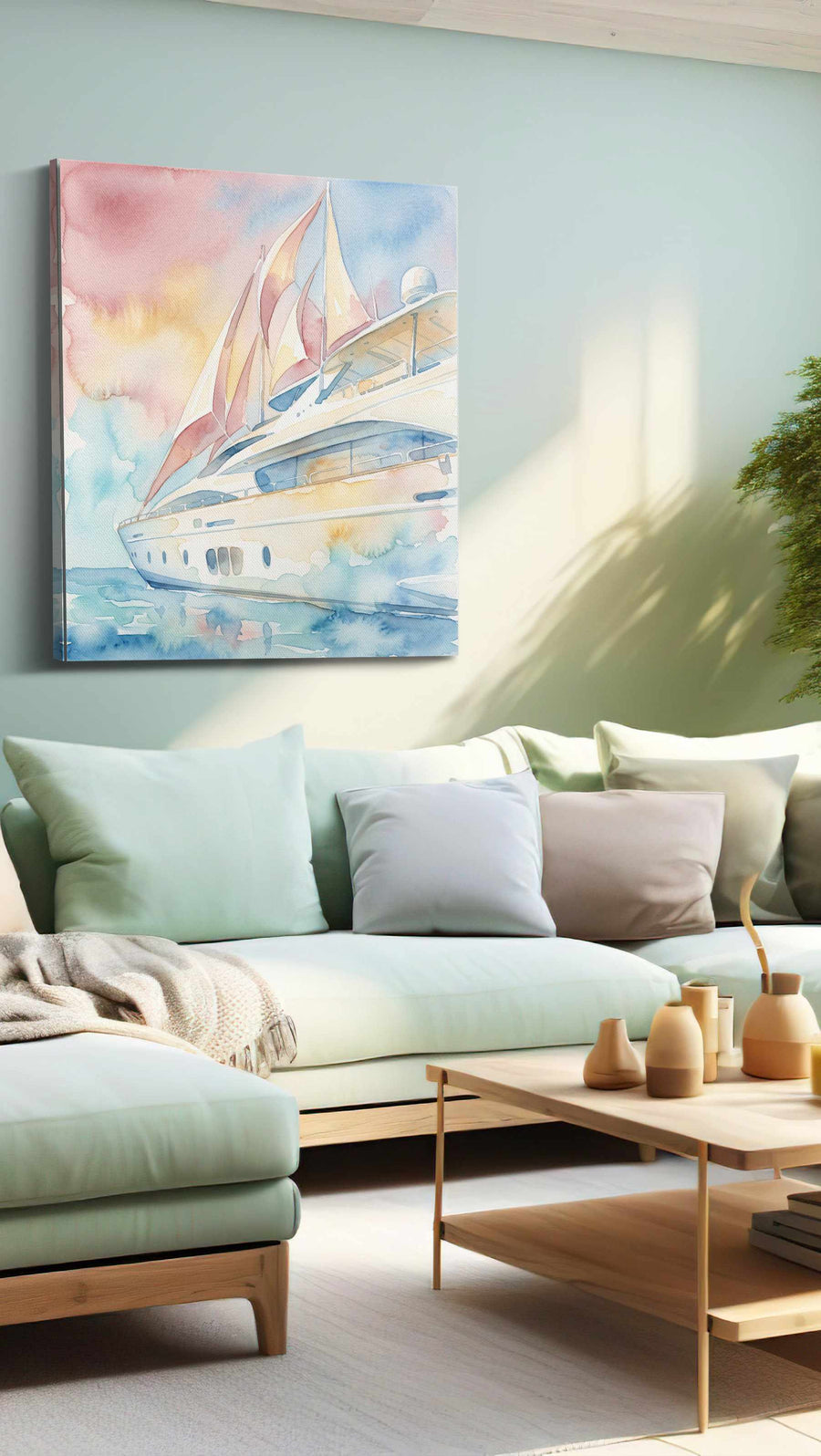 Blushwind Regatta nautical canvas wall art shown hanging in a styled interior