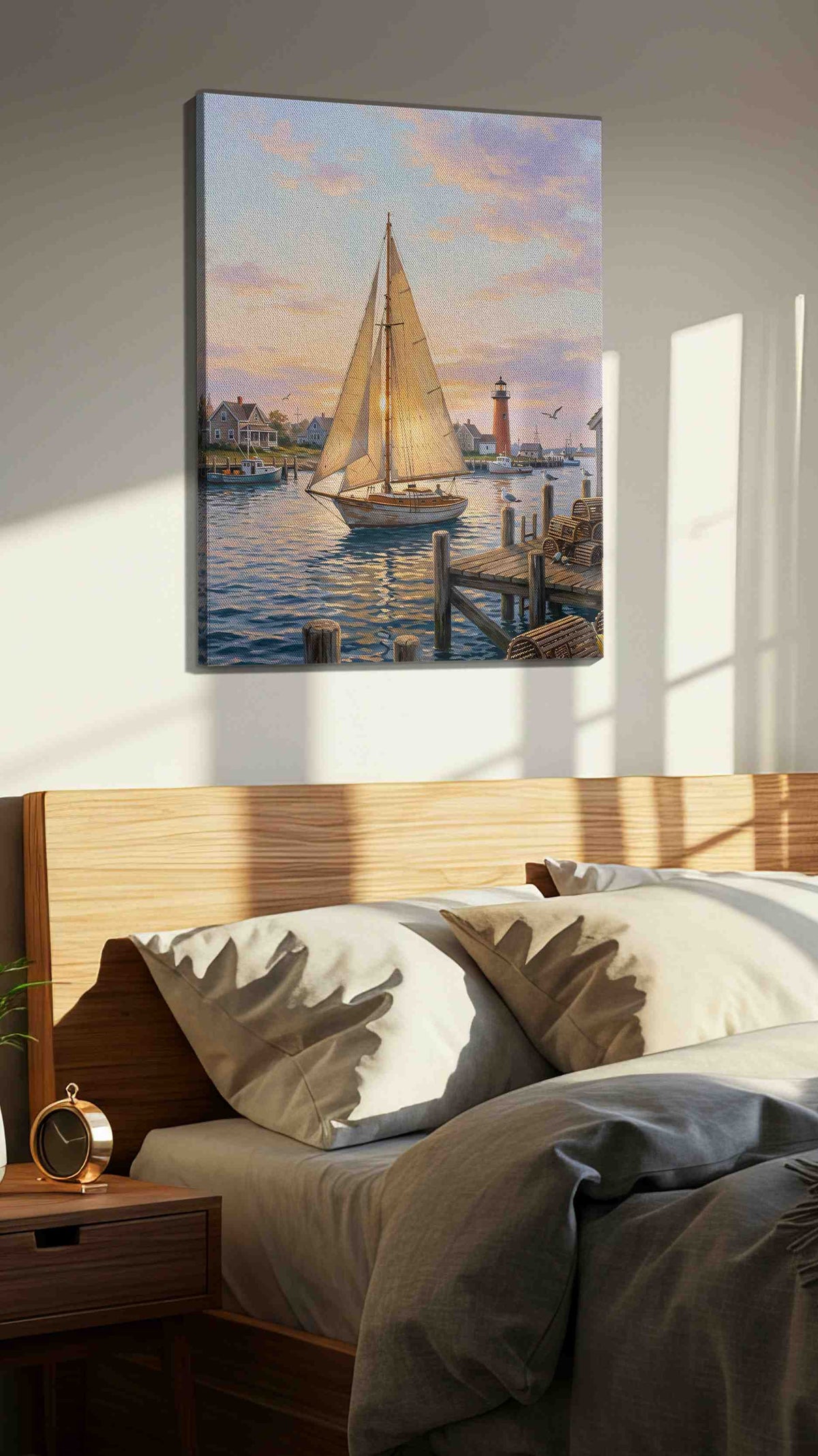 Harbor Hymn at First Light nautical canvas wall art displayed above a bed in a styled bedroom scene