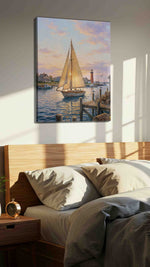 Harbor Hymn at First Light nautical canvas wall art displayed above a bed in a styled bedroom scene